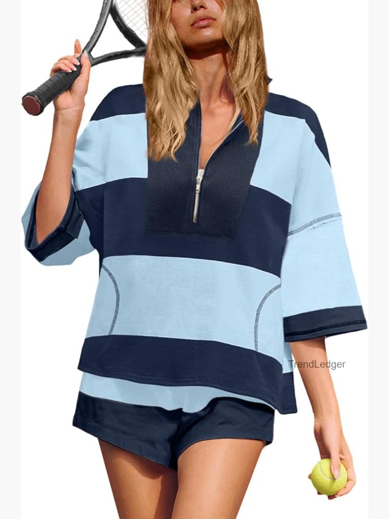 Women's 2 Piece Workout Set Striped Lounge Set Summer Short Set With Pockets